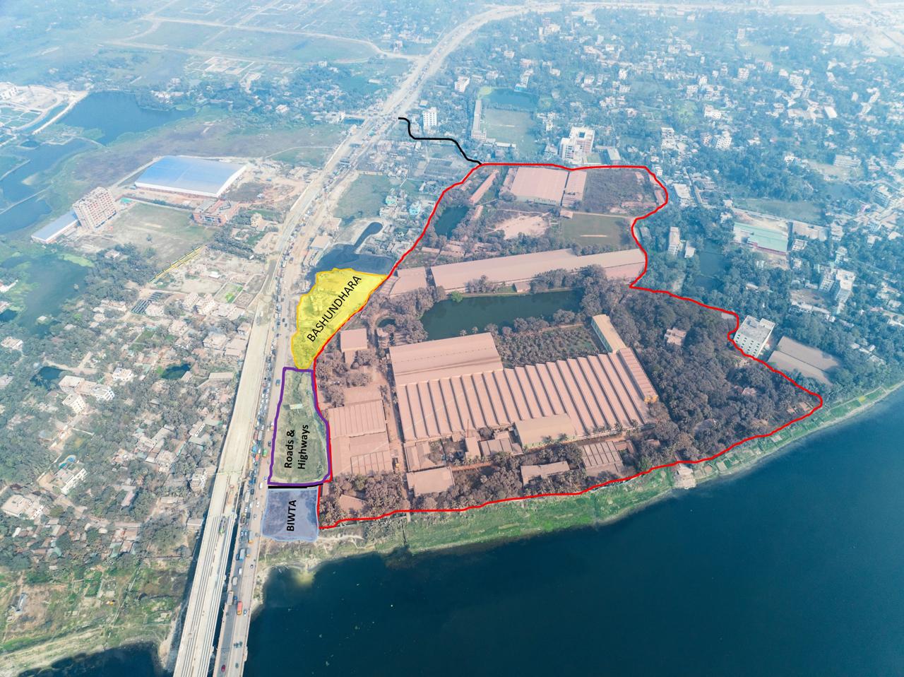 Aerial of the 40-acre property with project boundary marked in red along the Shitalakshya